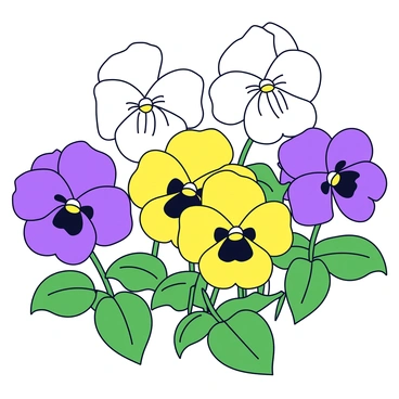 A patch of pansies with a variety of colors, including purple, yellow, and white. Each flower displays unique shapes and petal patterns, with some having darker markings on their petals. The pansies are arranged closely together in a garden setting, surrounded by lush green leaves that contrast with their vibrant colors.