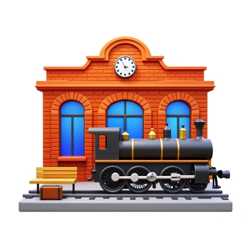 A vintage train station with a brick exterior and an old steam engine