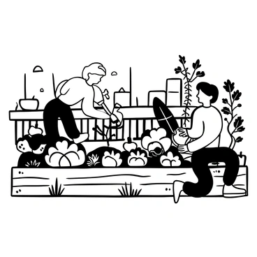 A rooftop garden filled with various vegetables, including tomatoes, peppers, and leafy greens. Two people are tending to the plants; one is kneeling and carefully watering a row of seedlings, while the other is using gardening tools to loosen the soil around larger plants. Wooden planters are arranged neatly, and a trellis supports climbing vines in the background. The setting is surrounded by a low railing, offering a view of the city skyline in the distance.