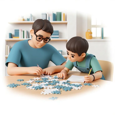 A mentor, wearing a blue shirt and black glasses, is sitting at a wooden table filled with pieces of a complex puzzle. The mentor is pointing at a section of the puzzle, looking focused and encouraging. A young student, wearing a green t-shirt and denim overalls, is leaning in closer, observing intently with a pencil in hand, ready to take notes. The background shows shelves filled with books and puzzles, creating an atmosphere of learning and exploration. The light from a nearby window casts a warm glow over the scene, highlighting the intricate details of the puzzle pieces.