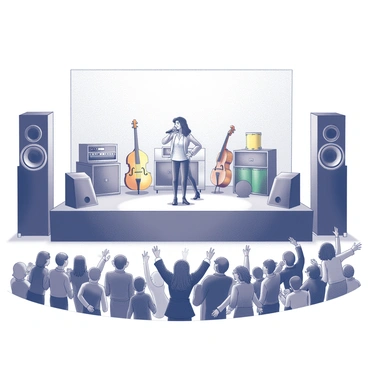 A large outdoor music festival stage is prominently displayed, featuring a wide array of colorful musical instruments arranged neatly. Chappell Roan stands confidently at the center, holding a microphone and wearing a stylish outfit, with engaging facial expressions suggesting enthusiasm. The stage is adorned with large speakers and lights that create an inviting atmosphere. In front of the stage, a diverse audience is captured in a moment of excitement, with individuals dancing, cheering, and raising their hands in celebration, creating a lively scene full of energy. 