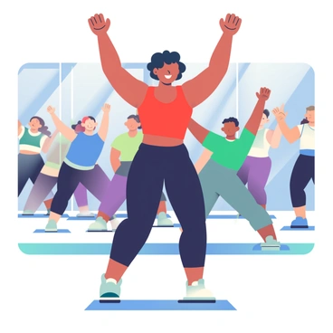 An energetic fitness instructor with short, curly black hair is demonstrating lateral raises at the front of a brightly lit fitness studio. She is wearing a vibrant red tank top and black leggings. Her arms are raised above her head, showcasing the proper form. In the background, a group of engaged participants, varying in age and body types, are following her lead. They are wearing colorful workout gear, including blue, green, and purple tops. The participants have their arms lifted to the sides, mimicking the instructor's movements. The studio has large mirrors on the walls, reflecting the class in action, creating a dynamic atmosphere.