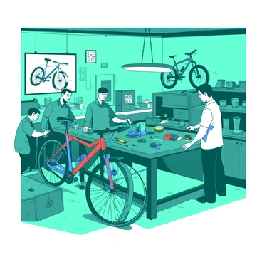 A teal workshop filled with bicycle parts and tools is located at the back of a bike shop. Several mechanics are actively engaged in various bicycle repairs. One mechanic is focused on fixing a blue mountain bike, using a wrench to tighten the screws on the frame. Another mechanic is inspecting a red road bike, checking its gears and brakes. Workbenches are cluttered with tools, spare parts, and grease, while a bright light hangs above, illuminating the scene. In the background, a large poster of different bicycle models is visible on the wall.