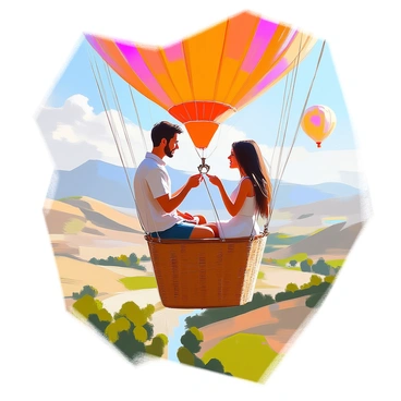 A couple in a hot air balloon with the man holding out an engagement ring against a scenic view