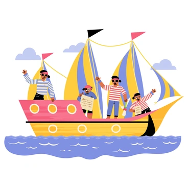 A group of children dressed as pirates stands confidently on the deck of a colorful ship. Each child wears a distinctive pirate outfit, featuring eye patches, bandanas, and striped shirts. The ship is decorated with vibrant sails, featuring bold patterns and a large pirate flag waving in the wind. In the background, the ocean sparkles under a bright blue sky, with fluffy white clouds floating above. The children are engaged in playful activities, with one pointing out towards the horizon while others hold toy swords and treasure maps.