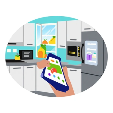 A modern kitchen with sleek cabinets and stainless steel appliances. A smartphone is held in the foreground, displaying a digital interface with various icons representing different appliances. In the background, a refrigerator with a glass door shows neatly organized shelves filled with food. An oven with a digital display is visible next to a microwave, both turned on with bright indicators. Sunlight streams through a window, illuminating the clean countertops and adding warmth to the contemporary environment.