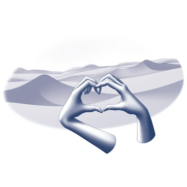 A pair of hands forming a heart shape with their fingers. The hands are positioned in the foreground, clearly showing the delicate gesture. In the background, vast desert dunes stretch across the horizon, their flowing shapes creating a sense of depth. The undulating sand dunes rise and fall, casting soft shadows that enhance the texture of the landscape. The sky above is expansive, suggesting a sense of openness and tranquility.