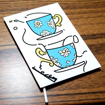 A teacup set, featuring intricate and whimsical patterns in shades of blue and gold, is placed on a polished wooden table. The teacups have curved handles and delicate saucers to match. The design includes floral motifs and swirling shapes. The wooden table has a smooth surface with a rich, dark grain texture, adding warmth to the scene.