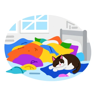 A messy bedroom with clothes and various garments strewn across the floor. The bed is unmade, with crumpled sheets and a few scattered pillows. A cute cat with fluffy fur is curled up comfortably on a pile of colorful pillows, its eyes closed in a peaceful slumber. Sunlight filters through a nearby window, casting soft shadows on the floor and highlighting the disarray in the room.