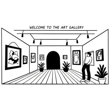 An interior view of an art gallery with white walls displaying various framed illustrations. The illustrations are arranged in an organized manner, showcasing a mixture of designs and styles. Some frames are large and ornate, while others are small and modern. Wooden flooring extends throughout the gallery, and there are spotlights illuminating each piece of art. A few potted plants are placed strategically in the corners, adding a touch of greenery to the space. The entrance of the gallery features a welcoming archway with "Welcome to the Art Gallery" inscribed above it.