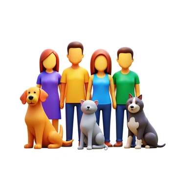A family portrait featuring four family members positioned on one side, standing closely together. The individuals are smiling, dressed in casual clothing that reflects their personalities. On the opposite side, three pets are present, including a playful golden retriever, a fluffy gray cat, and an energetic small dog. The pets are arranged in a way that showcases their distinct characters, with the retriever sitting proudly, the cat lounging comfortably, and the dog standing alert. The overall composition emphasizes harmony between the family members and their beloved pets.