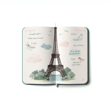 A famous landmark, such as the Eiffel Tower, depicted in a unique way, with one half showing a realistic photograph of the tower, capturing its intricate iron lattice structure and the surrounding greenery. The other half features an illustrated style, where the tower is rendered with watercolor textures, soft pastels, and sketch-like lines, showcasing details like clouds and birds in the sky. The travel journal elements include handwritten notes in the margins, with phrases like "A must-visit!" and sketches of local cuisine and people enjoying the view beneath the tower. The two halves blend seamlessly in the center, highlighting the contrast between reality and artistic representation.