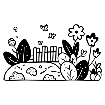 A garden scene featuring various plants and flowers in detailed outlines. There are several large leaves with intricate patterns, and blooming flowers of different shapes and sizes scattered throughout the garden. In the foreground, a textured patch of grass is visible, with small stones arranged in a path leading deeper into the garden. A few butterflies are hovering above the flowers, and a garden tool is leaning against a small wooden fence in the background. The entire scene is balanced and composed, creating a sense of depth and variety in the garden's layout.