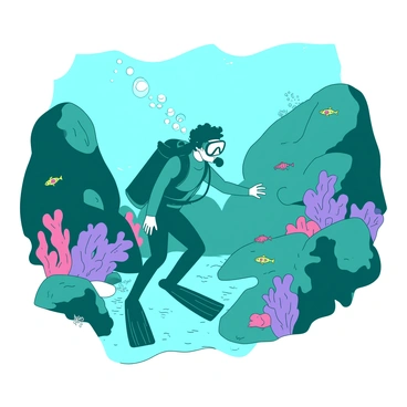 A teal diver wearing a sleek wetsuit and a transparent mask is navigating through rocky underwater terrain. Surrounding the diver are large, rough rocks covered in vibrant coral. The diver’s fins create small bubbles as they propel forward, and their hand is extended to examine the crevices among the rocks for hidden fish. A few colorful fish can be seen darting between the rocks, adding life to the scene. Sunlight filters down from the surface, illuminating the diver and the underwater environment with a soft glow.