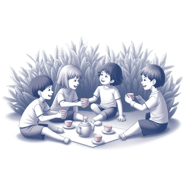 Children playing tea party among the tea bushes, with cups and a tea set.