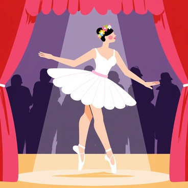 A ballerina wearing a delicate, flowing white tutu is performing on stage. She has an ethereal flower crown adorned with colorful blossoms resting gently on her head. The stage is set in an urban theater, with rich red curtains framing the background. Bright stage lights illuminate the ballerina, casting soft shadows on the polished wooden floor. The audience can be seen in silhouette, captivated by her graceful movements.
