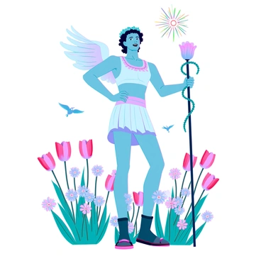 A figure of Hermes, a young man with athletic build and winged sandals, stands in a vibrant meadow filled with blooming flowers of various colors. He has a laurel wreath on his head and is holding a staff entwined with serpents. His expression is joyful, embodying the spirit of spring. Surrounding him are clusters of tulips, daisies, and cherry blossoms, their petals softly fluttering in the breeze. The sun shines brightly overhead, casting warm light on the scene and enhancing the vivid colors of the flowers. Small birds can be seen flitting around, adding to the lively atmosphere.