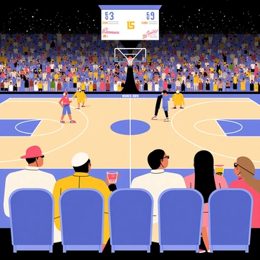 VIP guests sitting on plush seats at the courtside of a basketball arena. The guests are dressed in elegant attire, with some wearing fashionable hats and sunglasses. They are engaged in lively conversation while sipping on drinks. The basketball game is in action, with players in colorful uniforms displayed prominently on the court. Bright arena lights illuminate the scene, and the crowd in the background is cheering enthusiastically. A large scoreboard hangs above, showing the game score.