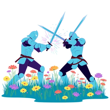 A vibrant field of wildflowers with a variety of colors including yellow, purple, and red. In the foreground, two armored warriors engage in a dramatic sword fight, their weapons clashing with sparks flying in the air. The warriors are wearing intricately designed armor that reflects the sunlight, with one wielding a long sword and the other a shorter, curved blade. The wildflowers sway gently in the breeze, contrasting with the intense action of the fight. The scene captures the tension of the battle against the peaceful backdrop of the field.