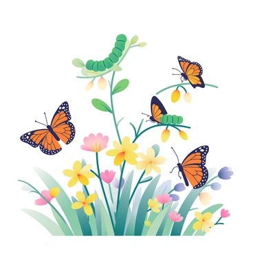 A vibrant scene unfolds in a meadow filled with blooming wildflowers in various colors, including yellow, purple, and pink. "Monarch butterflies" of different sizes are fluttering gracefully throughout the meadow. In the background, a few large "green caterpillars" can be seen resting on the branches of a small shrub, while some "chrysalises" hang from the leaves, showcasing their golden hues. The butterflies display their characteristic orange and black wings, and a few are perched delicately on the flowers. This picturesque setting captures the beauty of nature and the full "life cycle" of the Monarch butterfly.