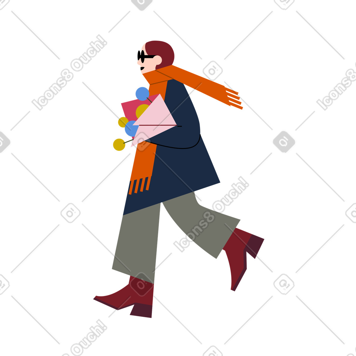Ilustração animada de Mulher caminhando com buquê flores em no estilo Vector para baixar em GIF, Lottie (JSON), AE