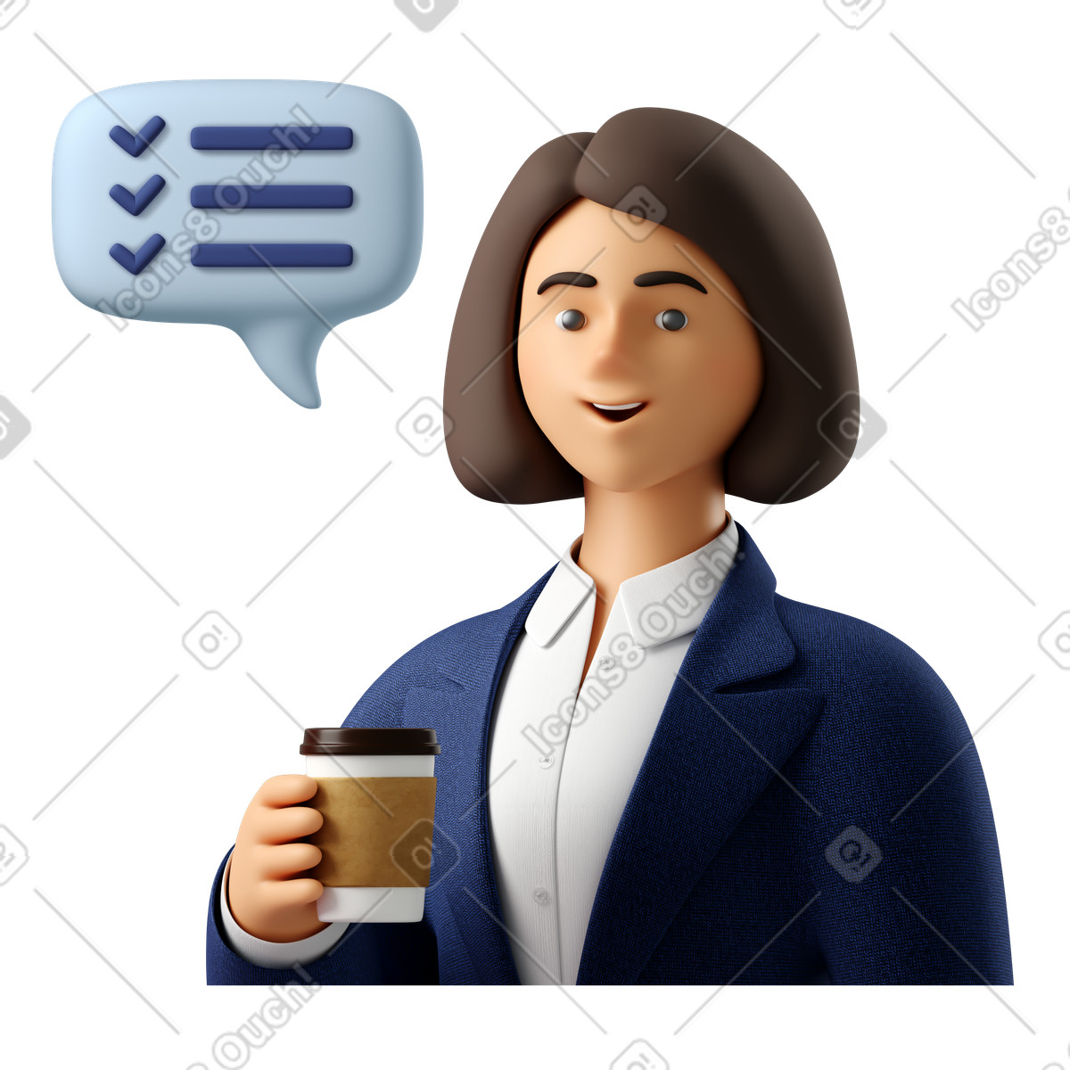 Ilustración Empresaria con café alabando un gran trabajo en estilo 3D Business a descargar en PNG y SVG