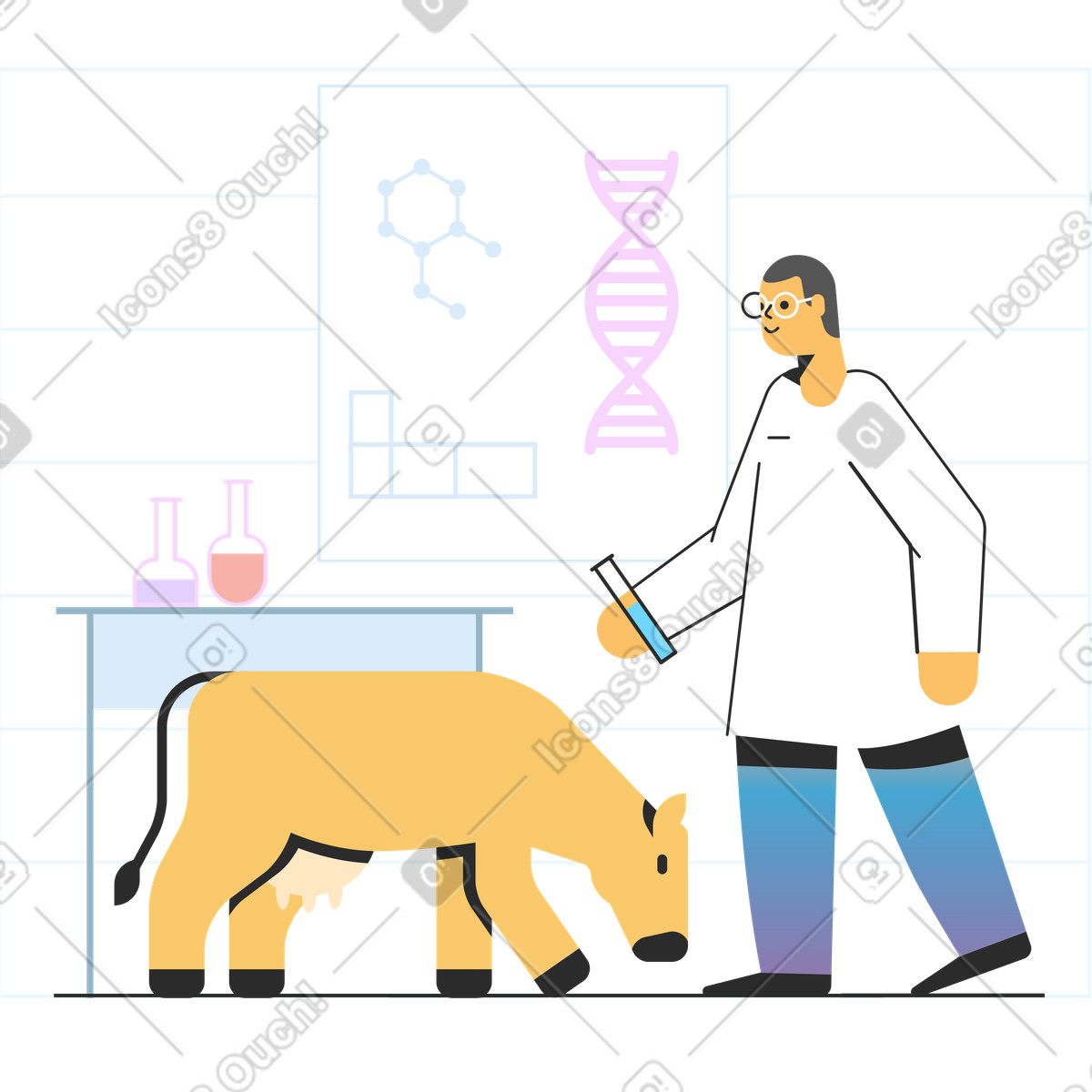 Illustration Scientifique avec une vache en laboratoire dans le style Marginalia à télécharger aux formats PNG, SVG