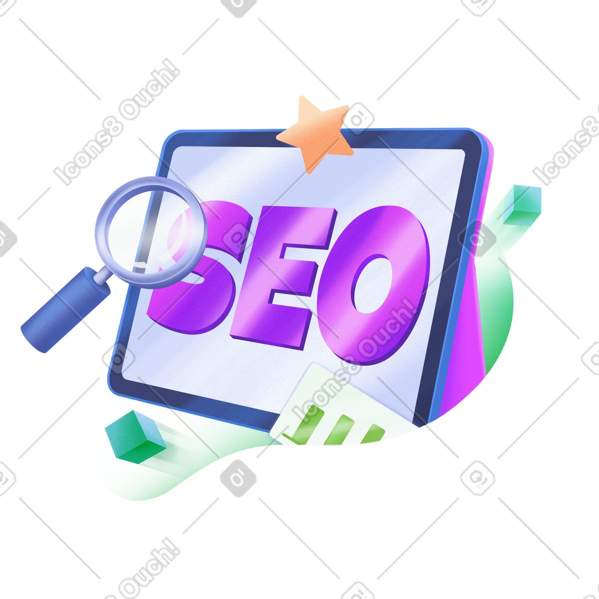 Ilustración Letras seo con lupa y texto de gráfico barras en estilo Smart a descargar en PNG SVG