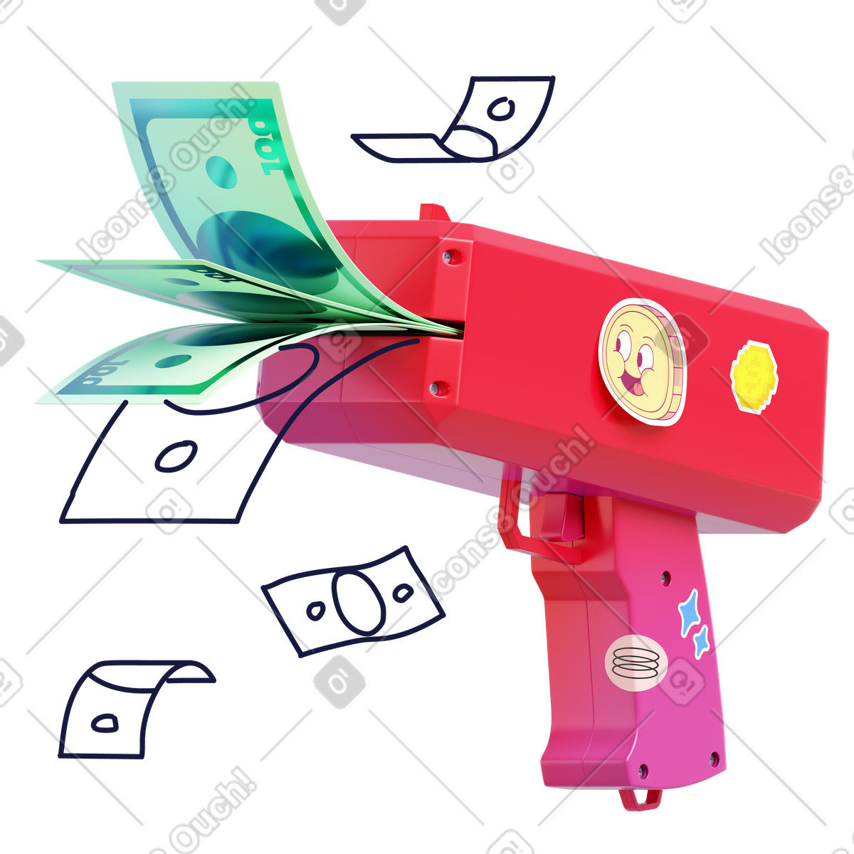 Money gun shooting cash illustration with reward distribution clipart in PNG SVG GIF