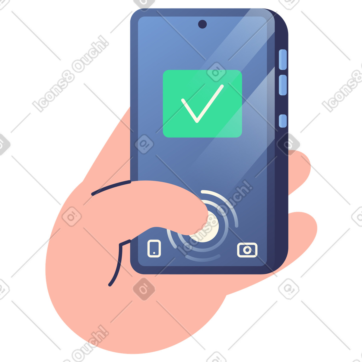 Smartphone with green check after authentication, Verified identity via fingerprint scan illustration in Beam style download in PNG, SVG