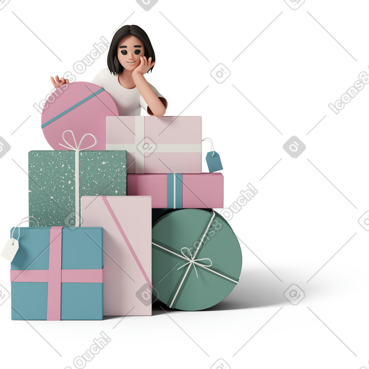 下载 3D Casual life 风格的 Girl with gift boxes 插画，支持 PNG、SVG 格式
