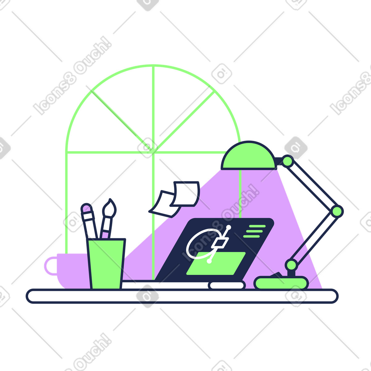 Scrivania di design e area lavoro con computer portatile illustrazione in stile Outline scarica in PNG, SVG