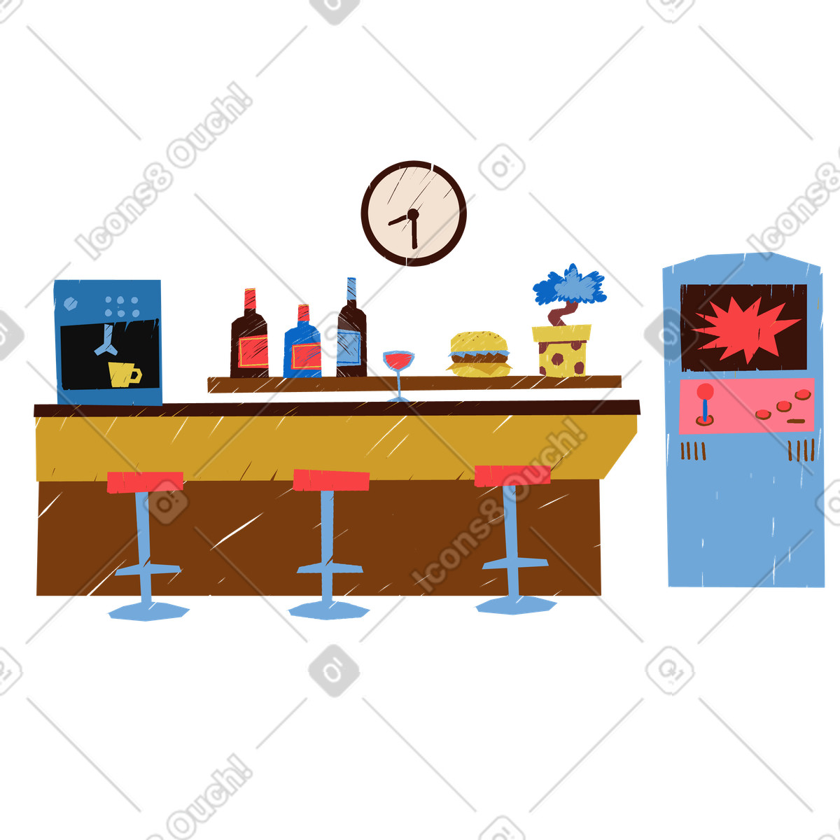 Ilustración Bar con bebidas y máquina arcade. en estilo Sleepy a descargar en PNG SVG
