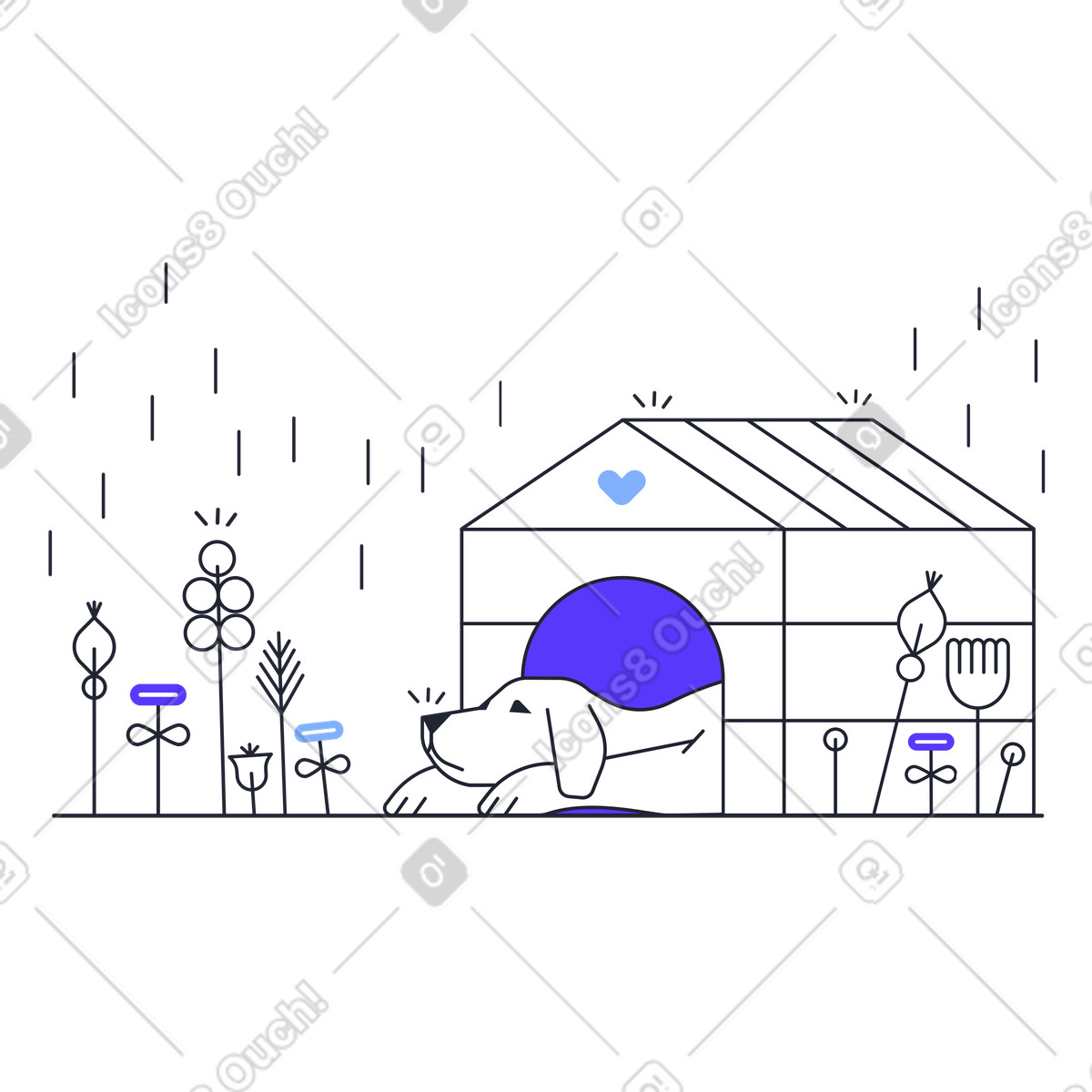 Ilustración Perro acostado en una casa para perros durante la lluvia estilo Pablita a descargar PNG y SVG