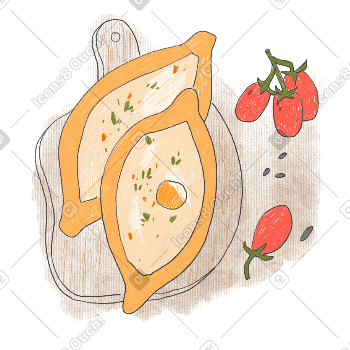 Ilustración Dos adjaruli y tomates en una tabla de madera estilo Experimental a descargar PNG SVG