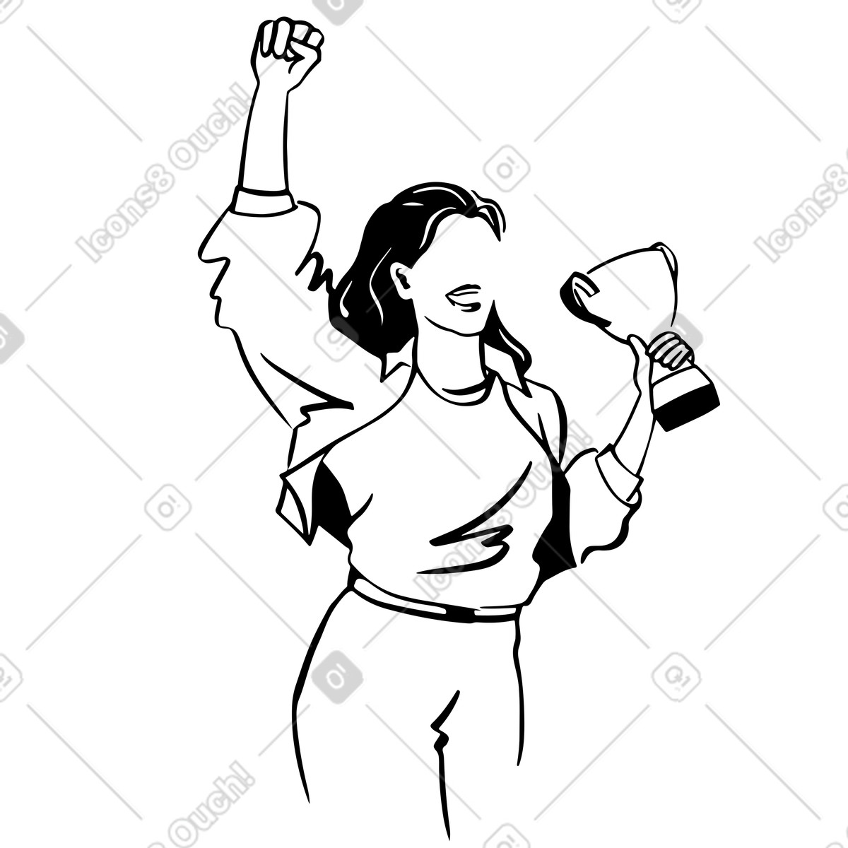 Illustration Une femme célèbre son succès avec la coupe du vainqueur à main dans le style Line télécharger aux formats PNG, SVG