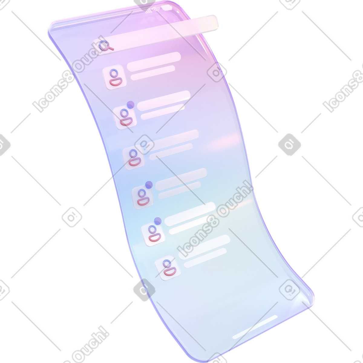 Illustration Long écran flexible avec liste de contacts et barre recherche dans le style 3D Glassy à télécharger aux formats PNG, SVG