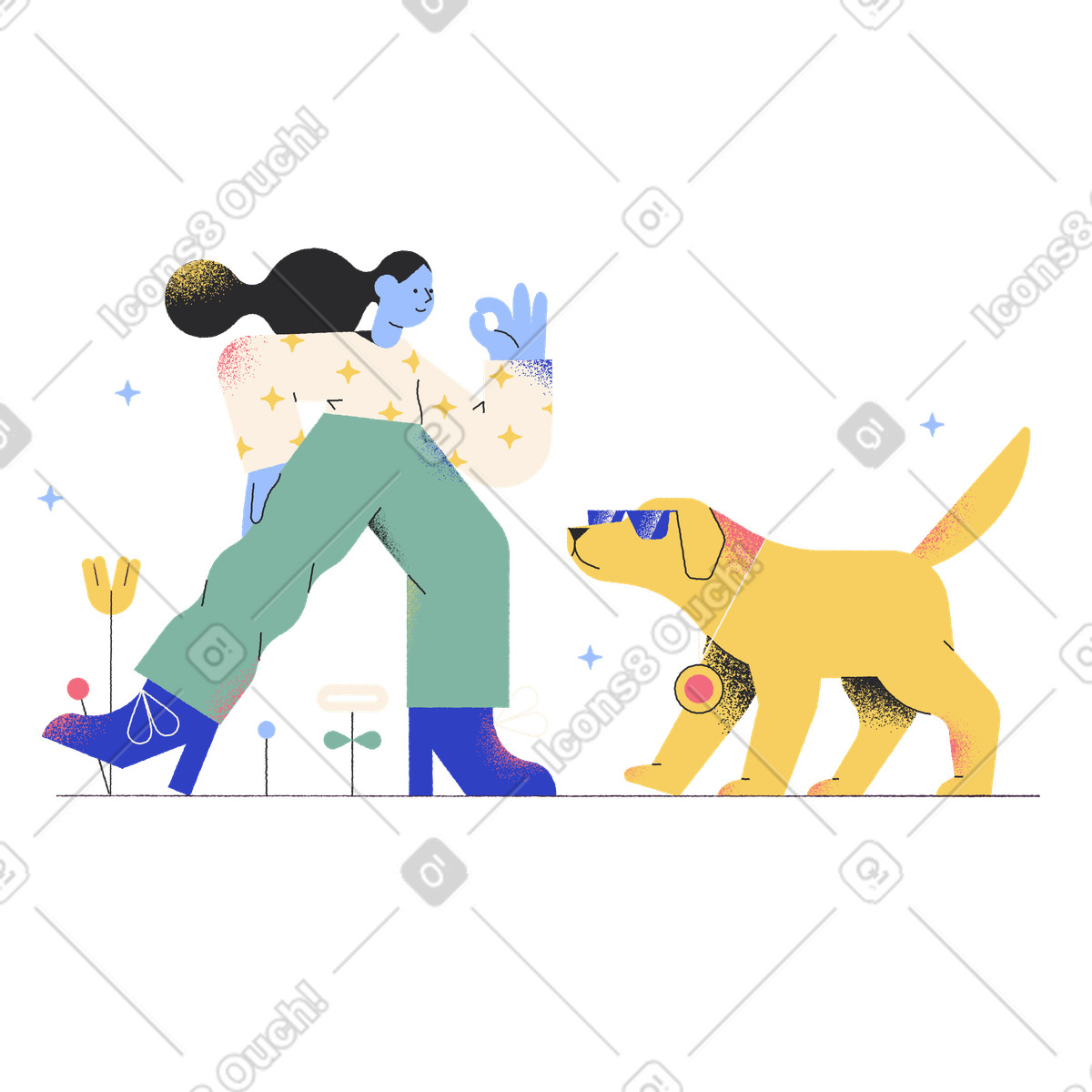 Illustration Femme montrant un geste correct à côté d'un chien portant des lunettes de soleil dans le style Pablo télécharger aux formats PNG, SVG
