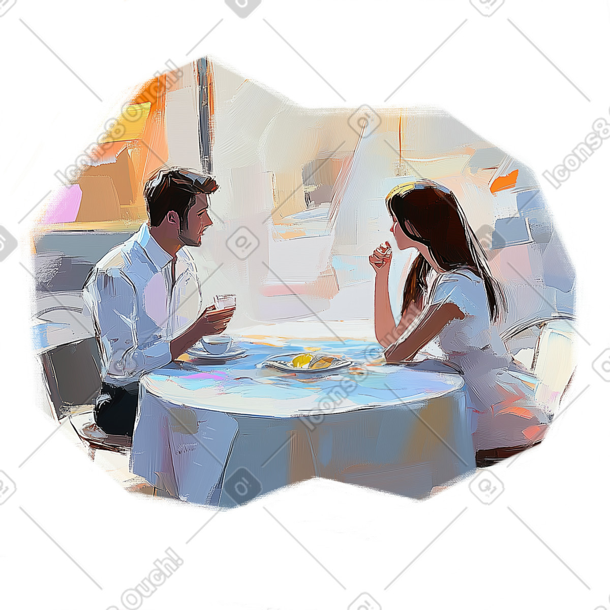 Dipinto ad olio raffigurante un uomo e una donna seduti a tavolo in bar illustrazione stile Pictorial scarica PNG, SVG