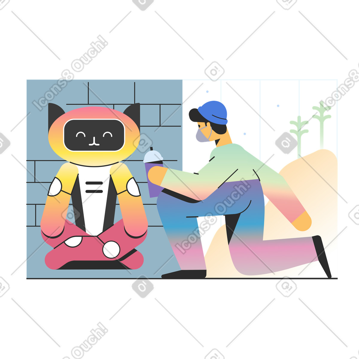 Ilustración Artista pinta graffiti de un gato en la pared estilo Marginalia a descargar PNG y SVG