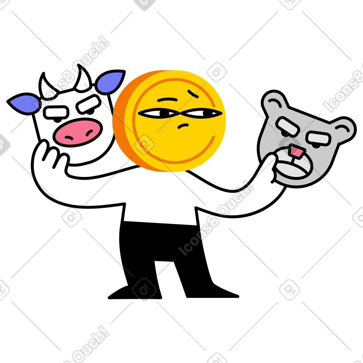 Personaggio della moneta che sceglie tra un toro e orso illustrazione in stile Giggle scarica in PNG, SVG