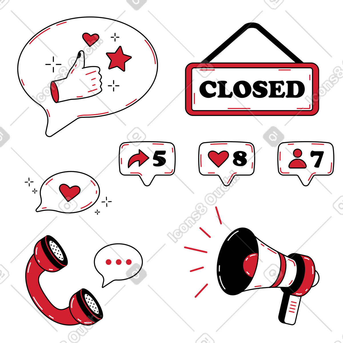 Illustration Articles de communication et marketing dans le style Ruby à télécharger aux formats PNG, SVG