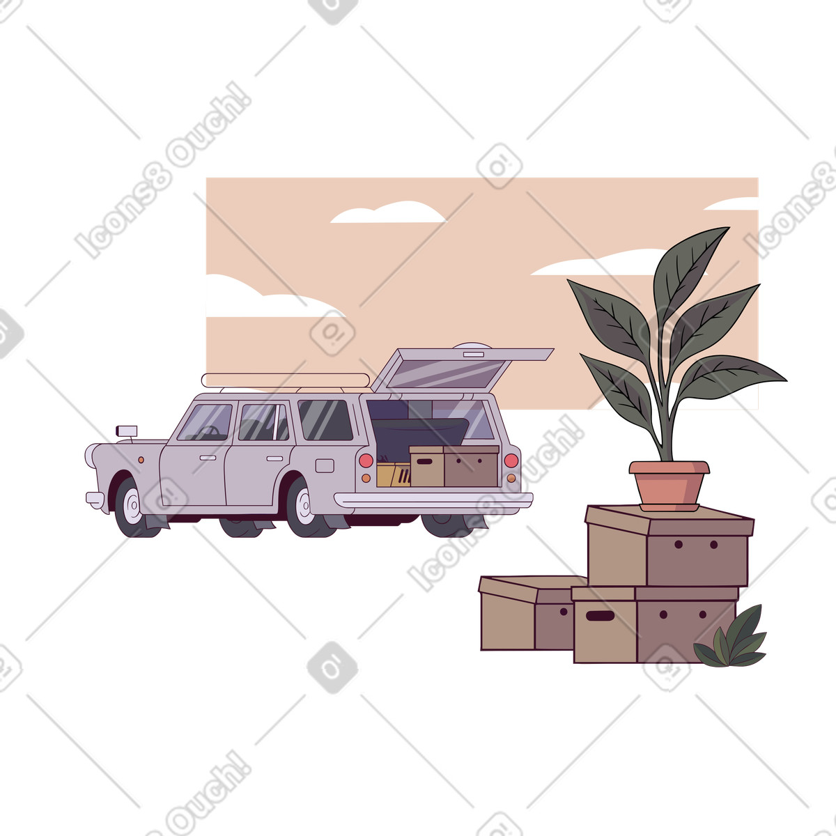 下载 Eastwood 风格的 后备箱里有移动箱子的汽车 插画，支持 PNG、SVG 格式