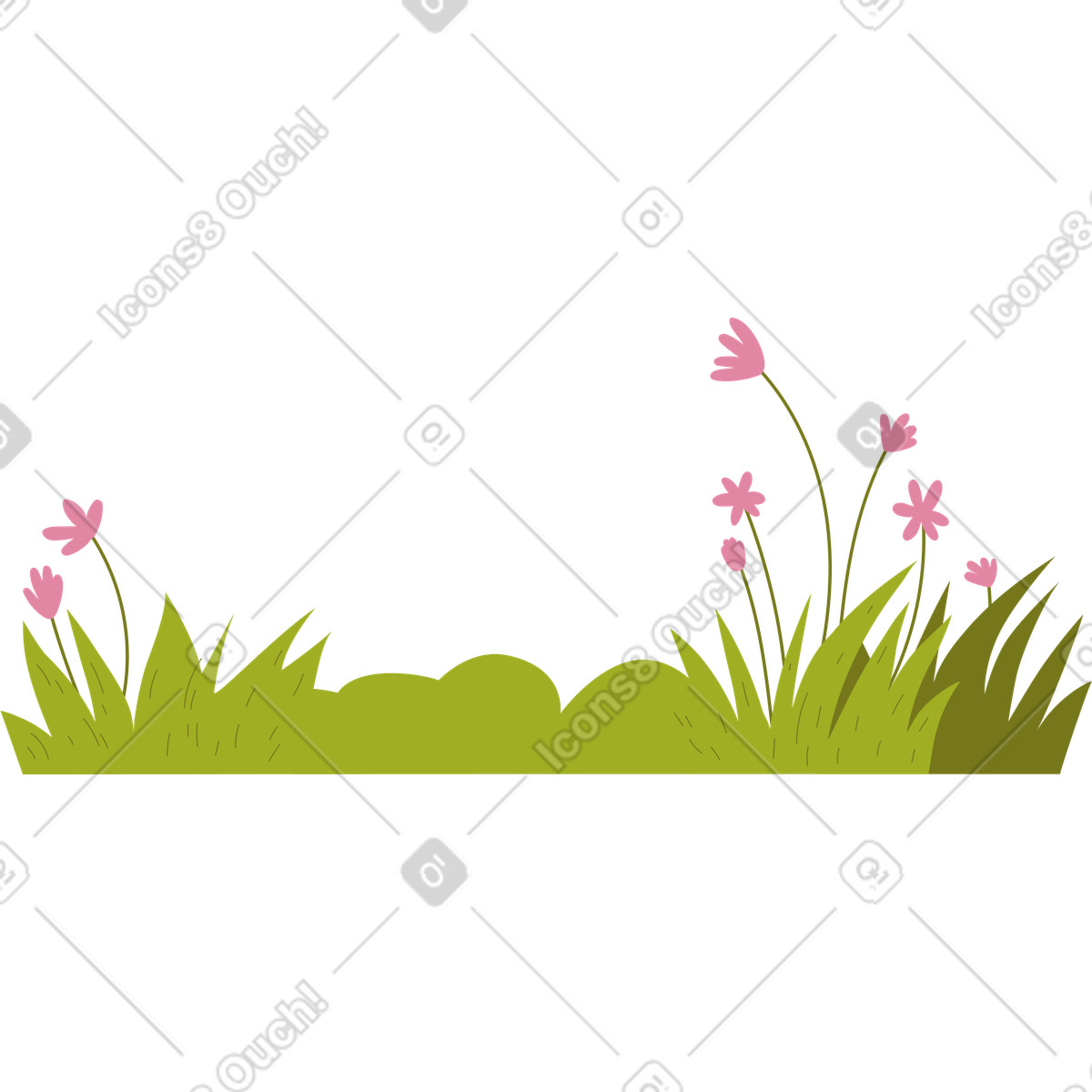 Green grass with pink flowers illustrazione in stile Woof scarica in PNG, SVG