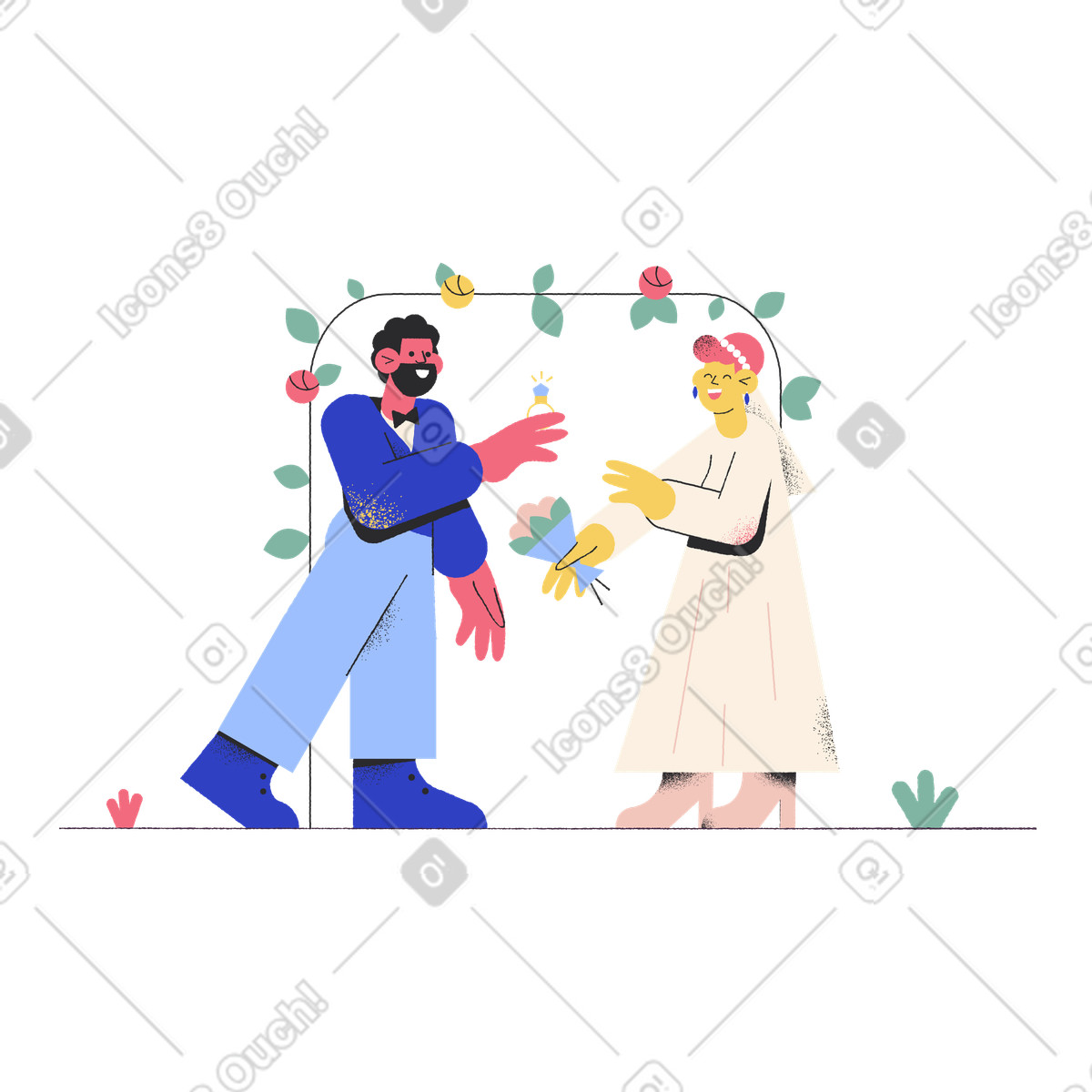 Bride and groom standing under the wedding arch illustration in Pablo style download in PNG, SVG