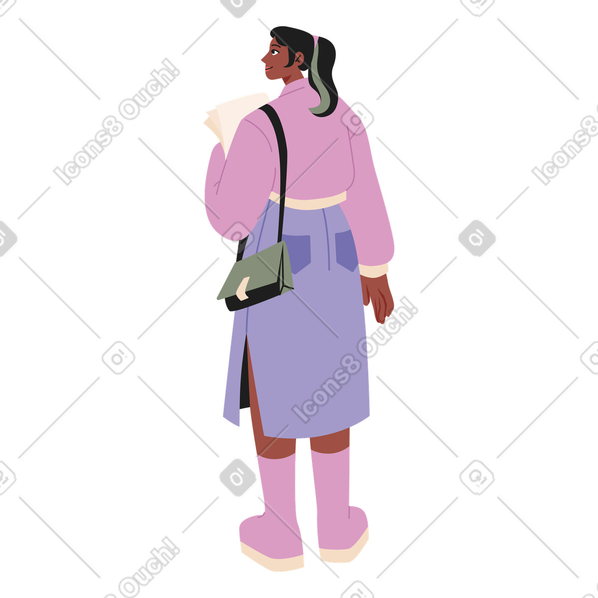 Junge frau, die mit papieren steht-Illustration im Experimental-Stil als Download in PNG, SVG