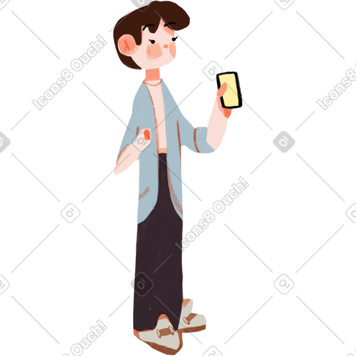 下载 Ikigai 风格的 Boy standing with phone in hand 插画，支持 PNG、SVG 格式