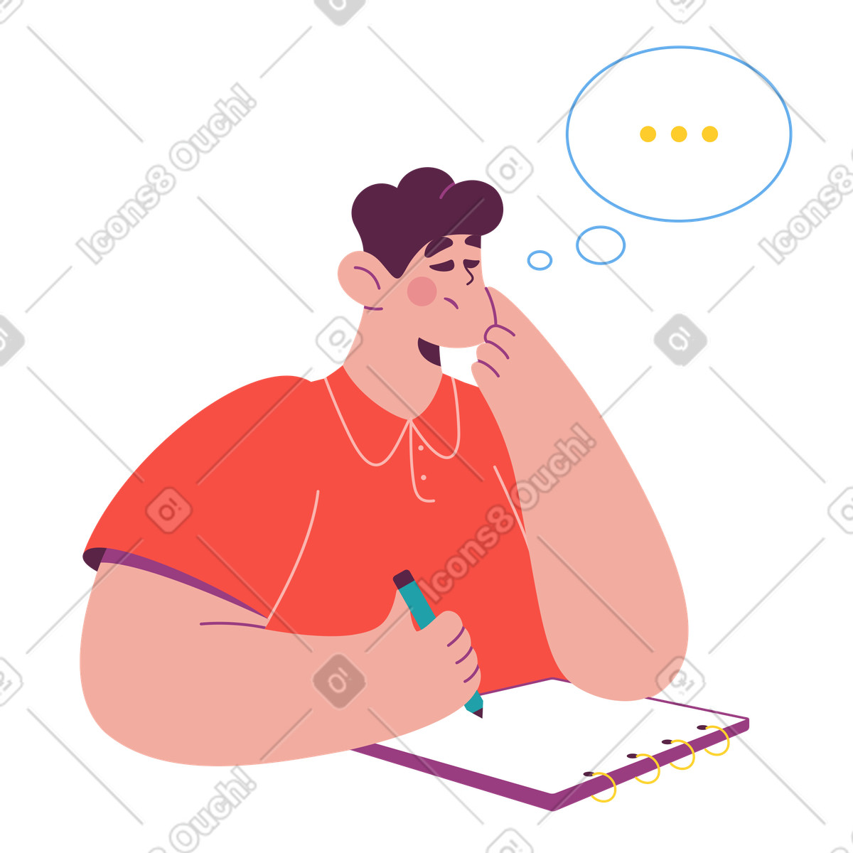 Student pondering with open notebook, Take an exam or brainstorming ideas illustration in PNG, SVG