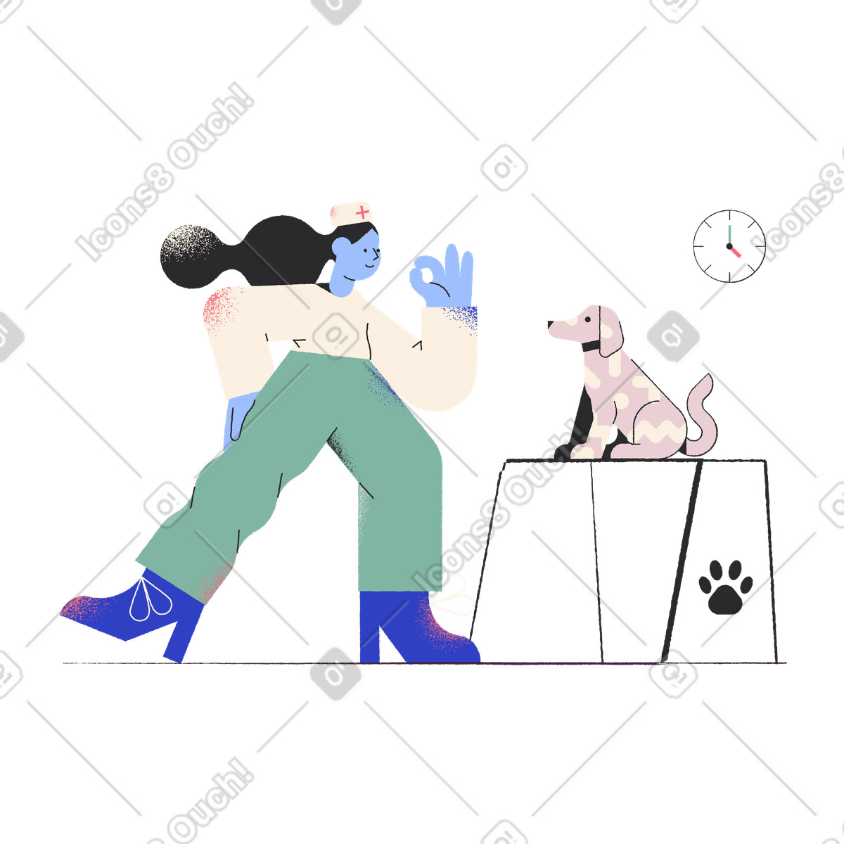 Young vet and dog in animal veterinary clinic illustration Pablo style download PNG, SVG