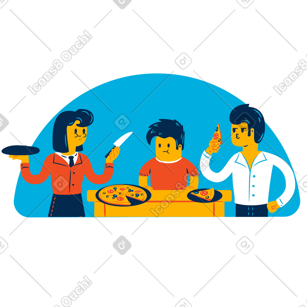 Famiglia che mangia pizza a cena illustrazione in stile Flame scarica in PNG, SVG